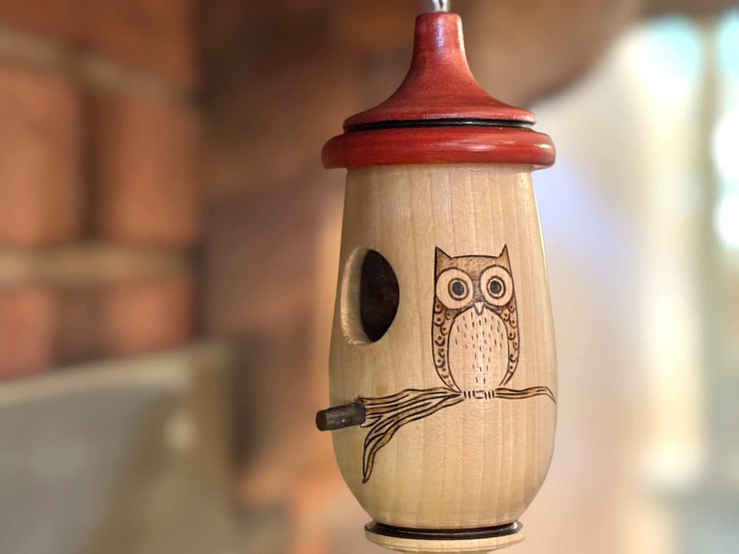 Handmade Cherry Wood Hummingbird Birdhouse: Owl Art, Bird Lover Gift