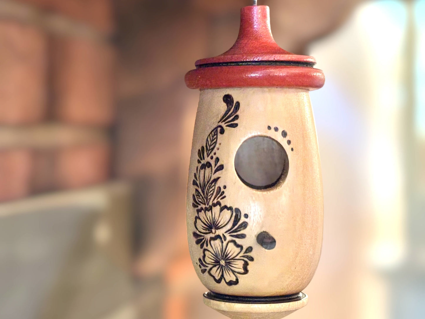 Handmade Hummingbird House, Aster Floral Pyrography, Wooden Birdhouse