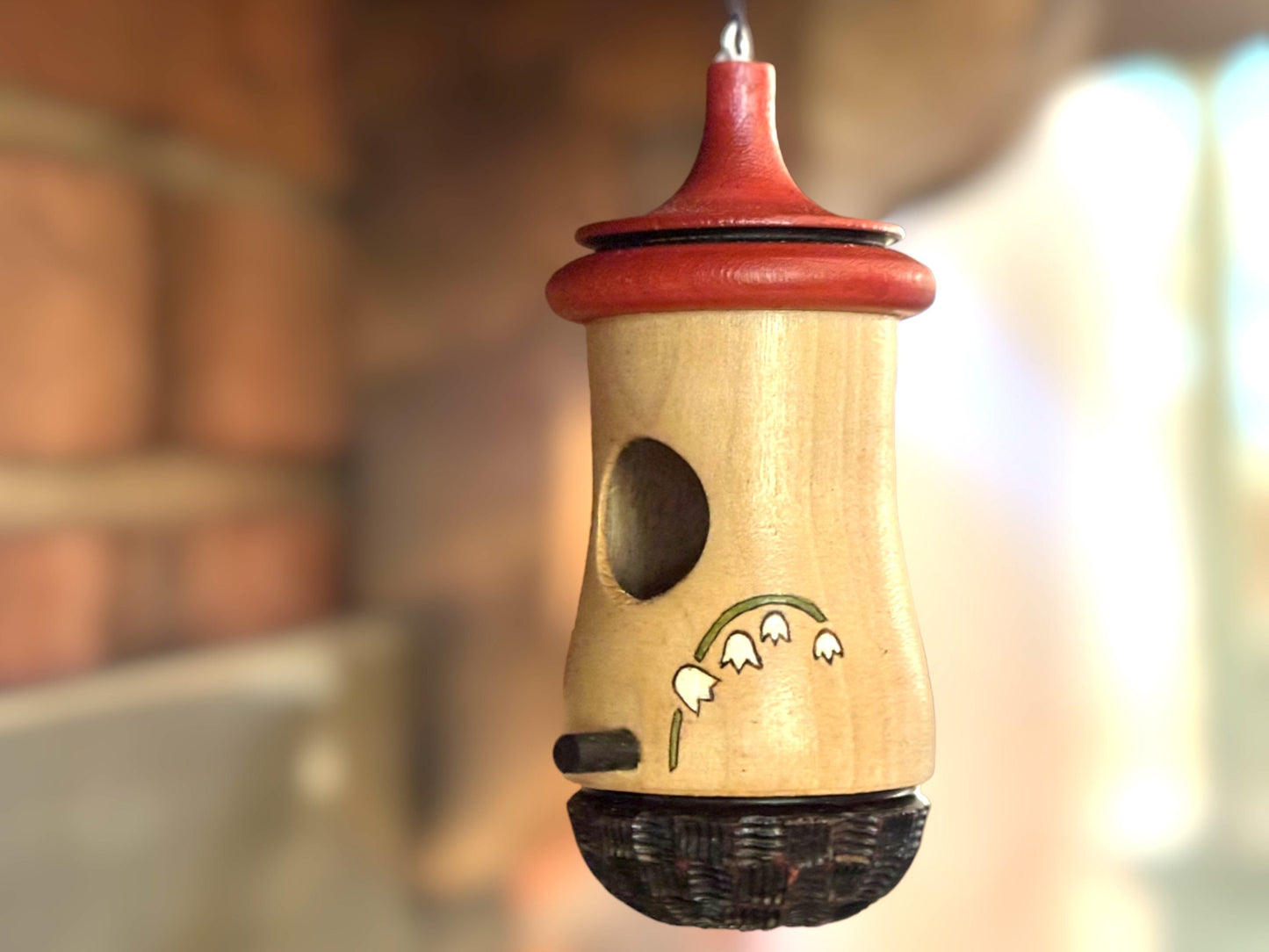 Handmade Cherry Wood Hummingbird House: Lily of the Valley Art