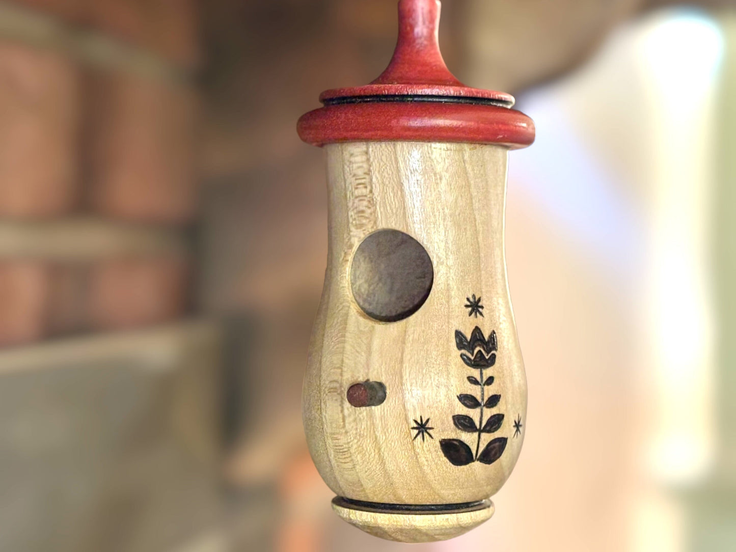 Handmade Wooden Hummingbird House, Tulip Art, Indoor/Outdoor Use