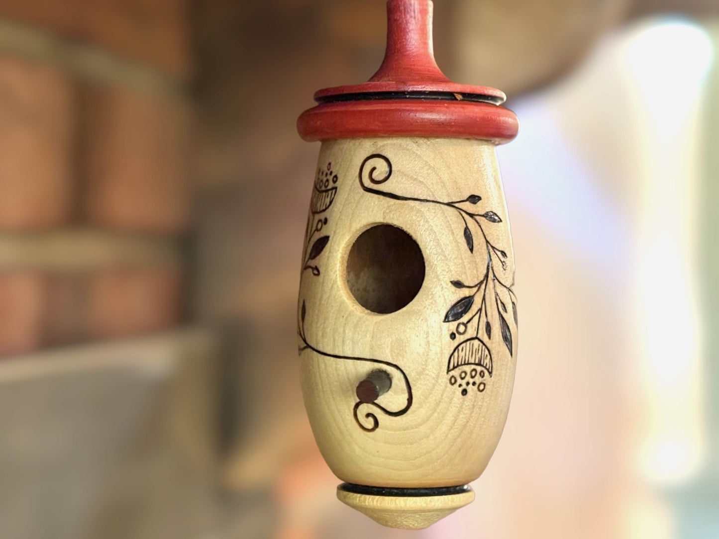 Handmade Cherry Wood Hummingbird House, Poppy Bud Art, Wood Burned
