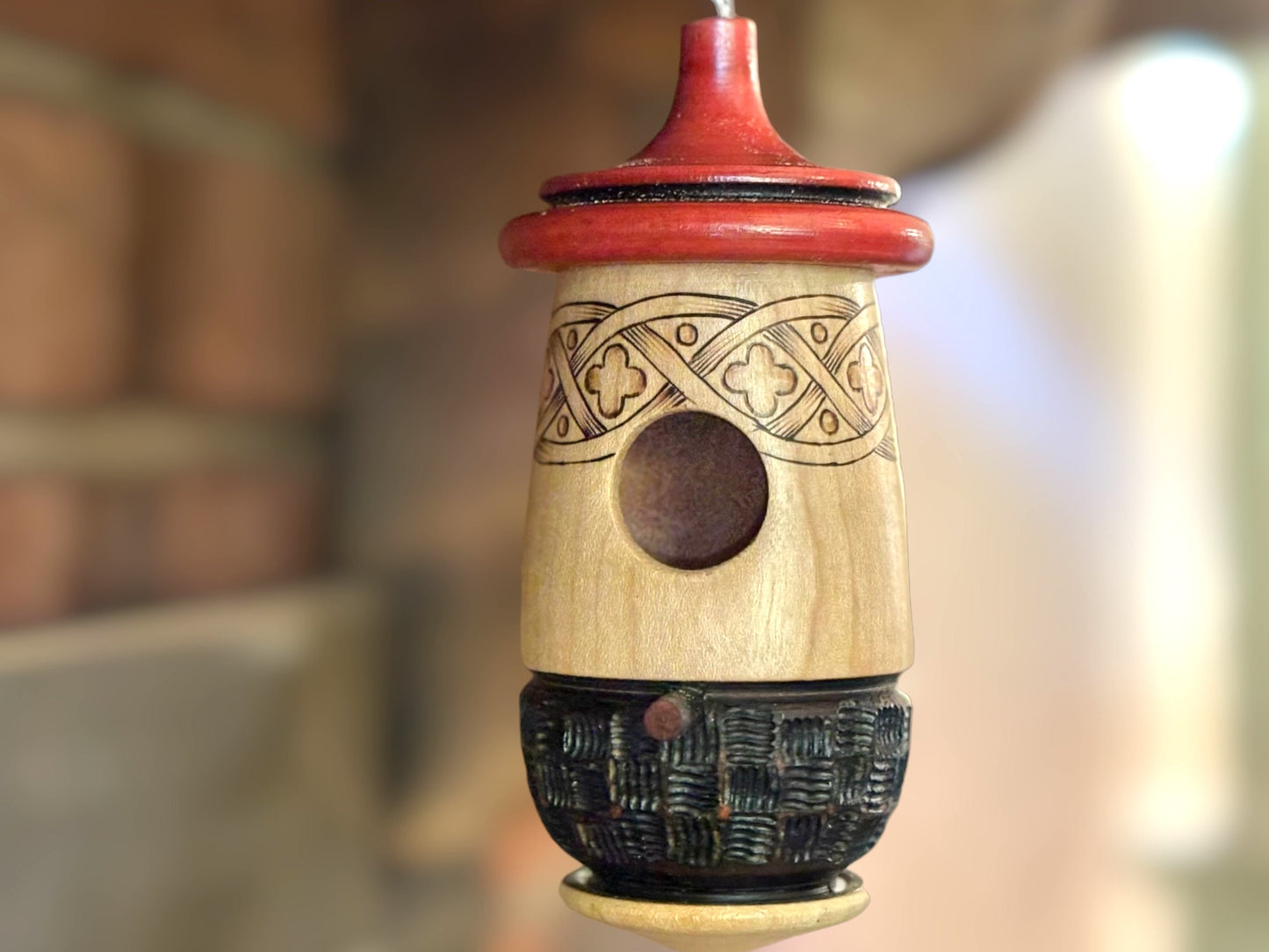 Brown Celtic Hummingbird House, Handmade Wooden Birdhouse, Artisan Gift for Any Occasion