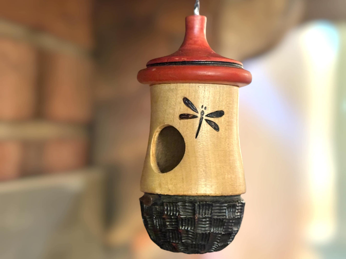 Handmade Cherry Wood Hummingbird House: Dragonfly Art