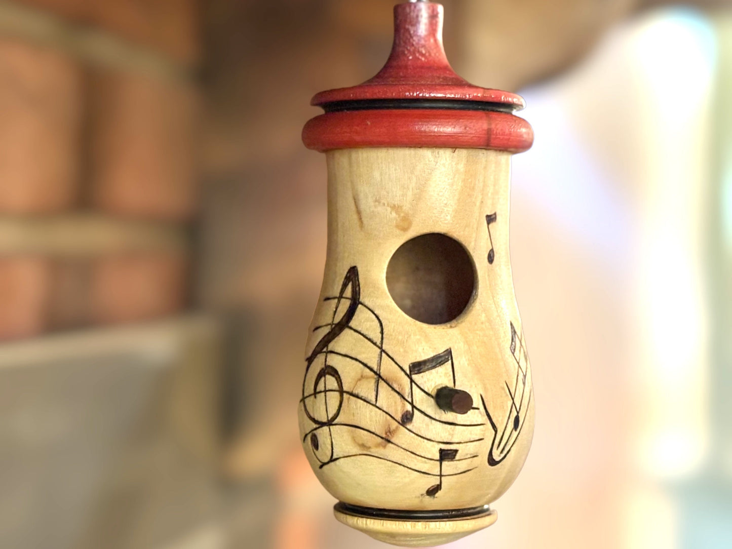 Handmade Cherry Wood Hummingbird House, Music Notes, Garden Decor