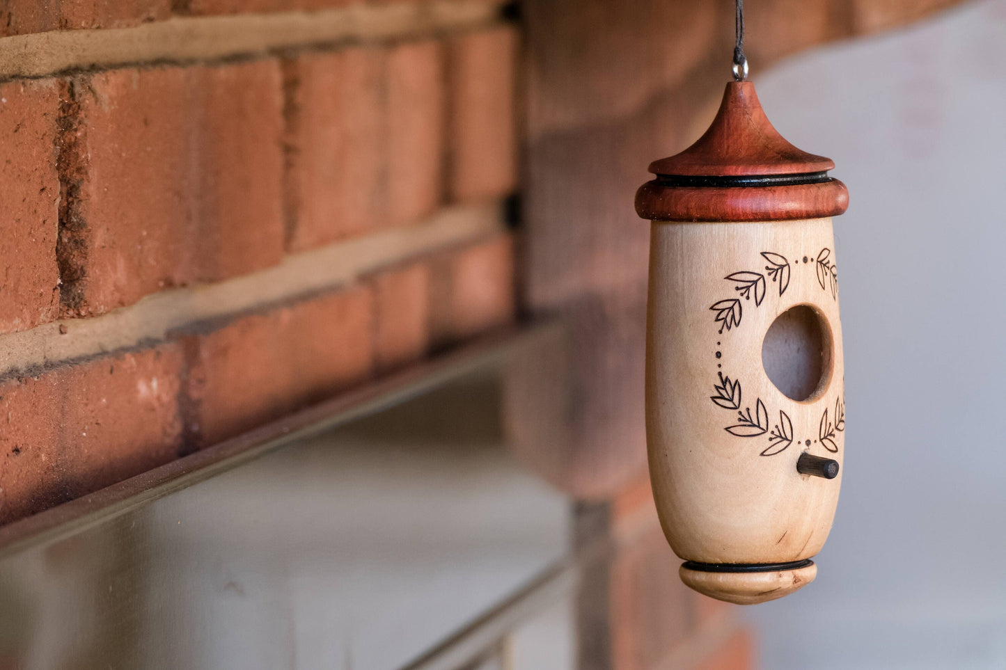 Handmade Wooden Hummingbird House with Laurel Wreath Art