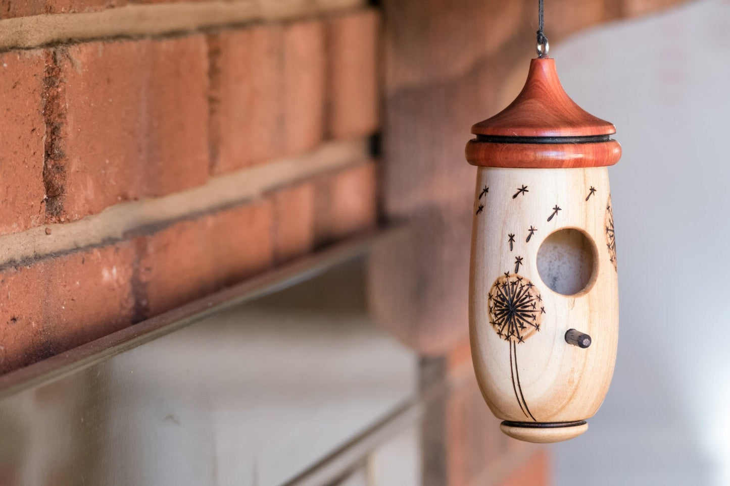 Dandilion Design, Handmade Wooden Hummingbird House,  Pyrography Art