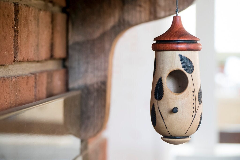 Hummingbird House, Leaves and Grass Art, Handmade Wooden Birdhouse for Indoor/Outdoor Use,  Bird Lovers Gift