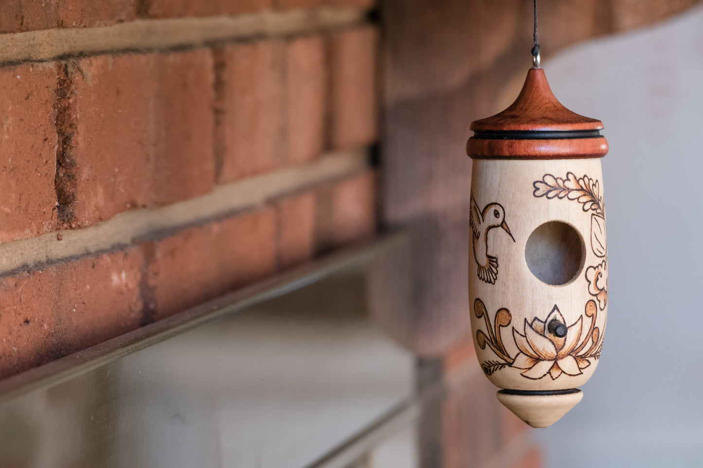 Handmade Cherry Wood Hummingbird House, Lotus Art Decor