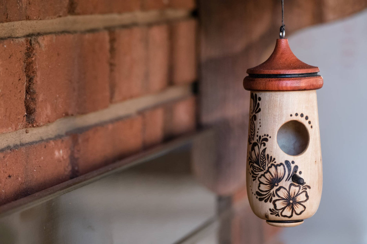 Handmade Hummingbird House, Aster Floral Pyrography, Wooden Birdhouse