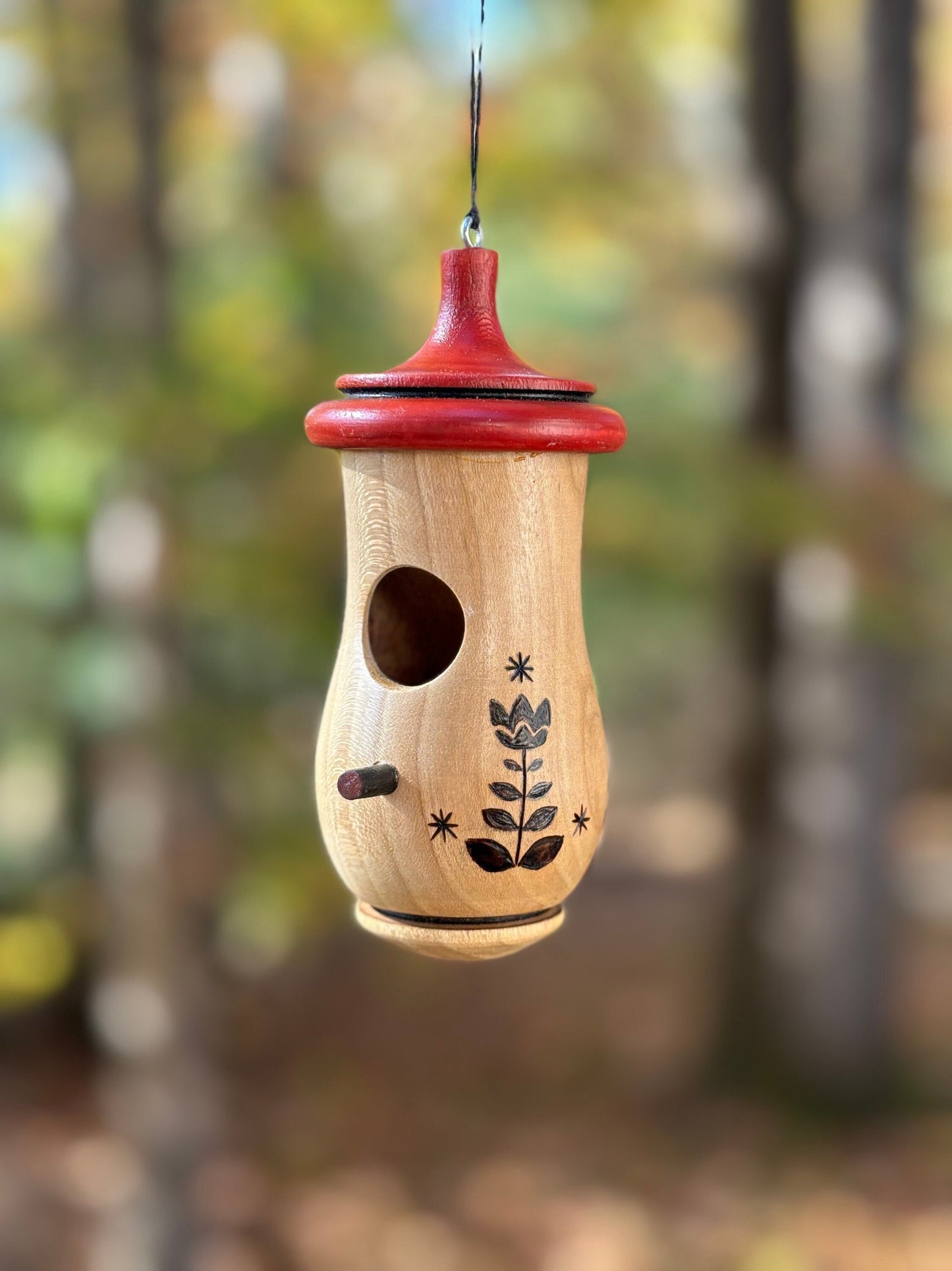 Handmade Wooden Hummingbird House, Tulip Art, Indoor/Outdoor Use