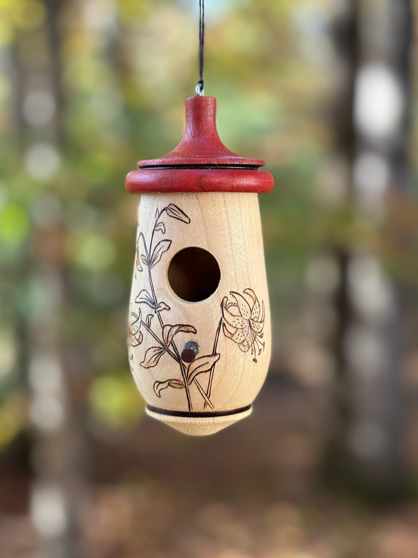 Hummingbird Birdhouse: Lily Floral Art, Handmade, Wooden