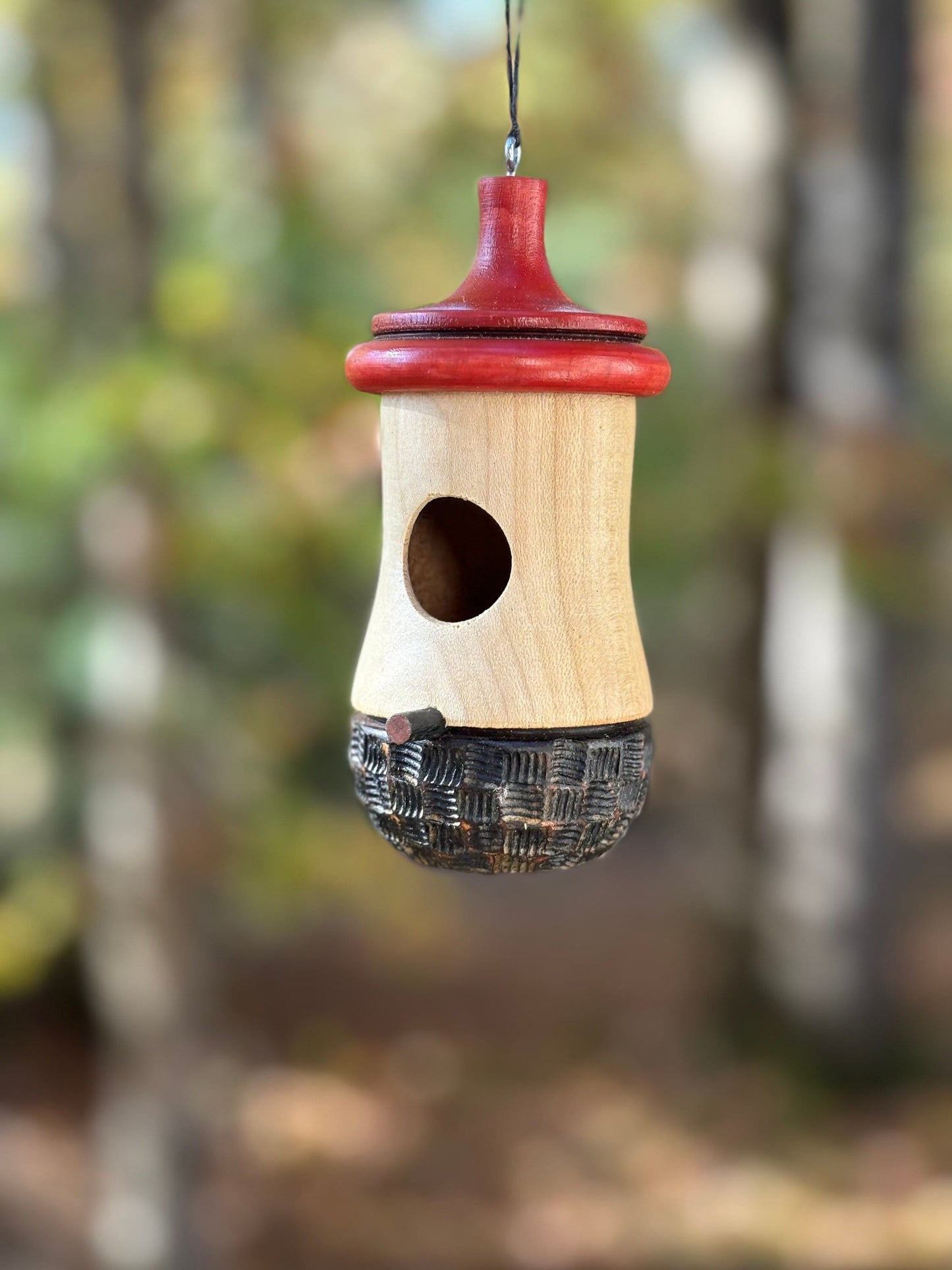 Handmade Cherry Wood Hummingbird House: Wood-Burned Ikebana Art