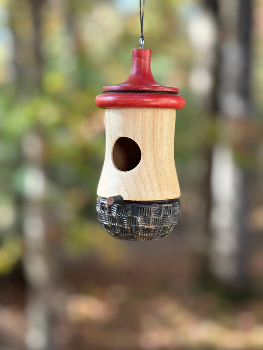 Handmade Cherry Wood Hummingbird House: Wood-Burned Ikebana Art