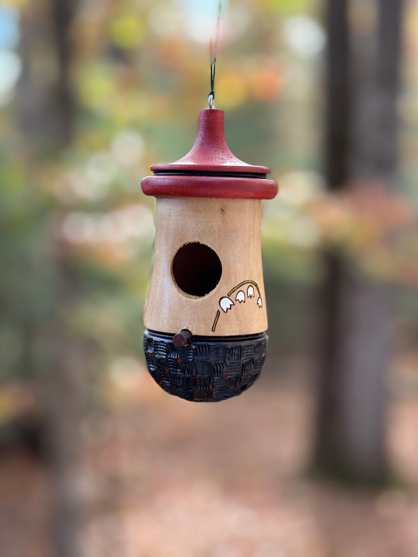 Handmade Cherry Wood Hummingbird House: Lily of the Valley Art