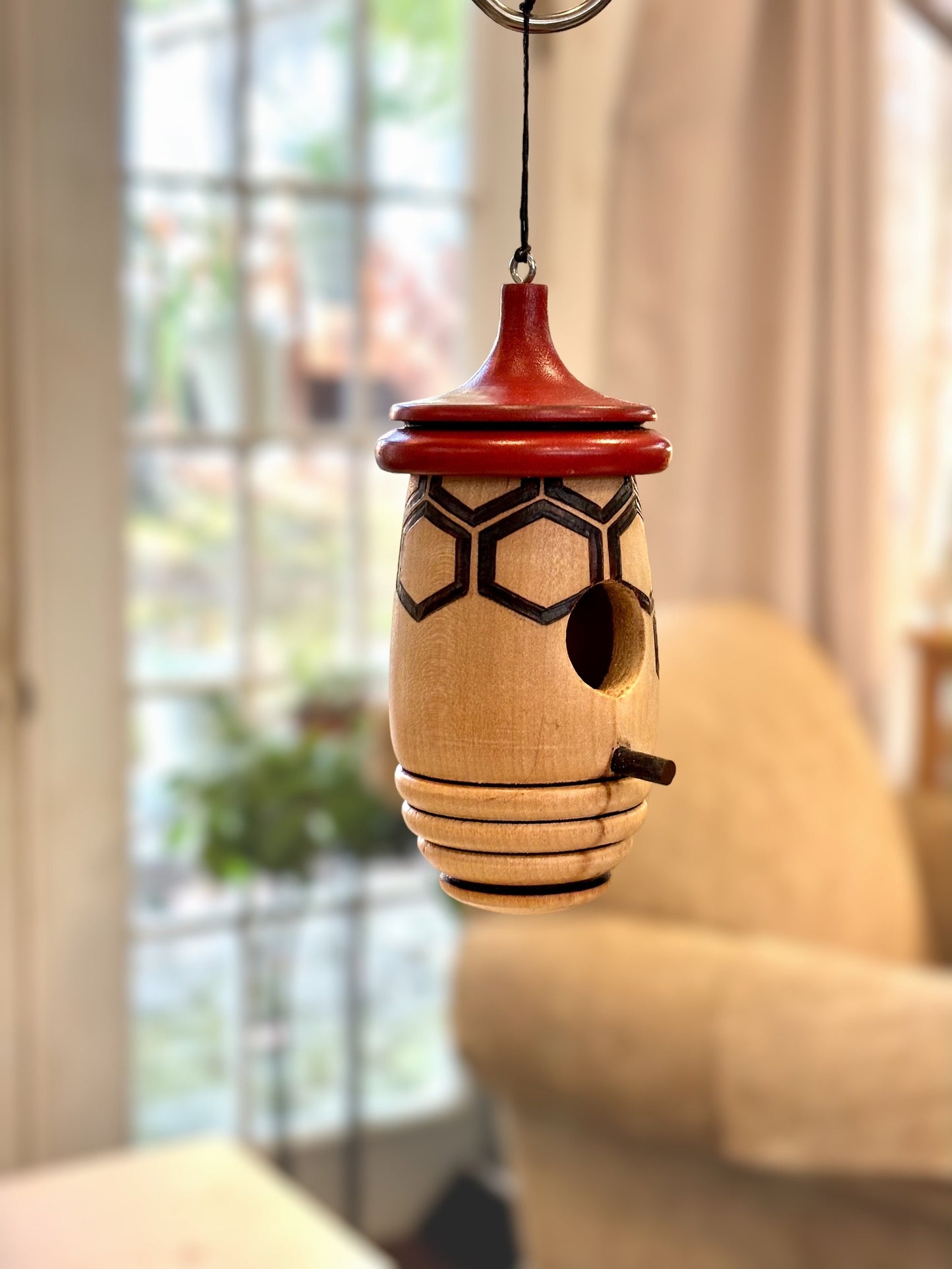 Handmade Cherry Wood Hummingbird House, Honeycomb Bee Art, Wood Burned