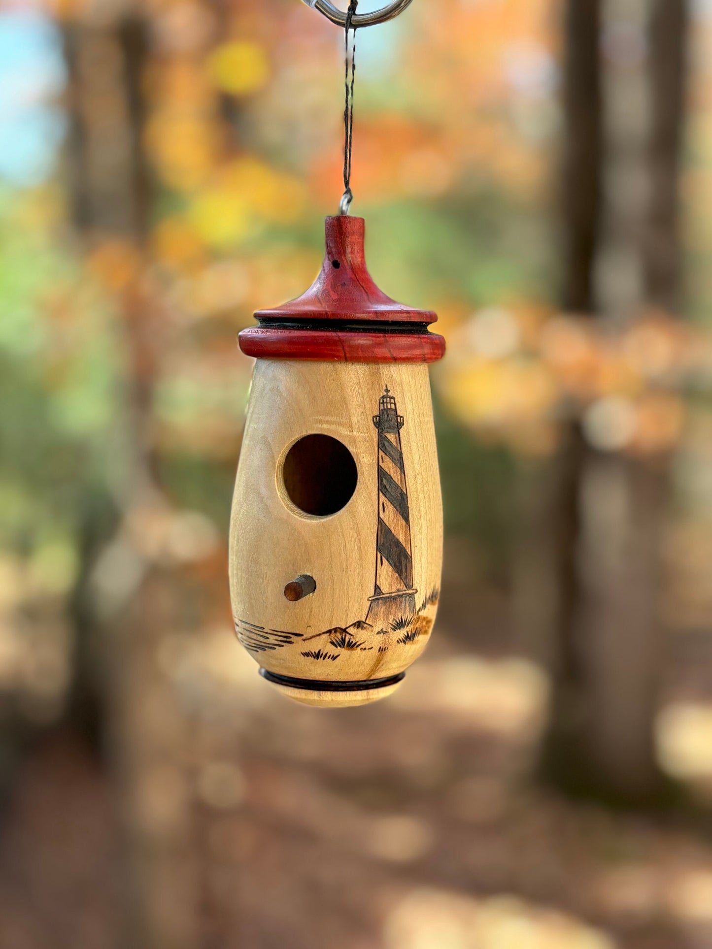 Handmade Cherry Wood Hummingbird House, Hatteras Lighthouse Design