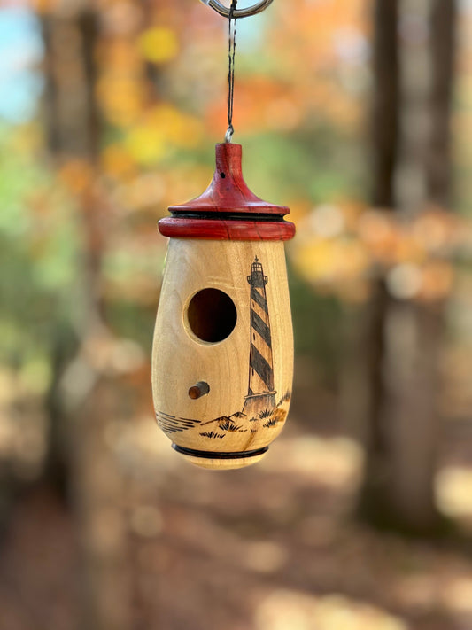 Handmade Cherry Wood Hummingbird House, Hatteras Lighthouse Design