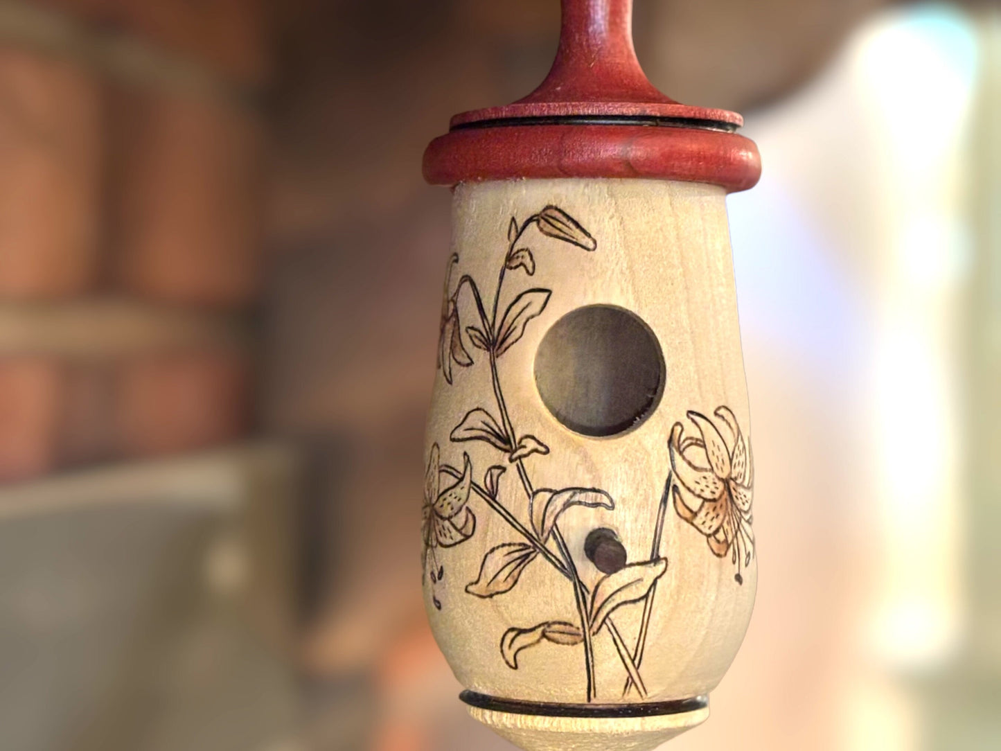 Hummingbird Birdhouse: Lily Floral Art, Handmade, Wooden