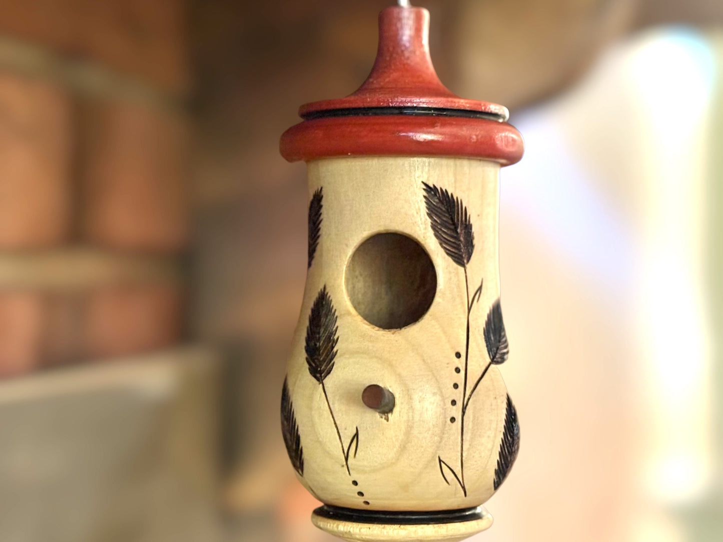 Hummingbird House, Leaves and Grass Art, Handmade Wooden Birdhouse for Indoor/Outdoor Use,  Bird Lovers Gift