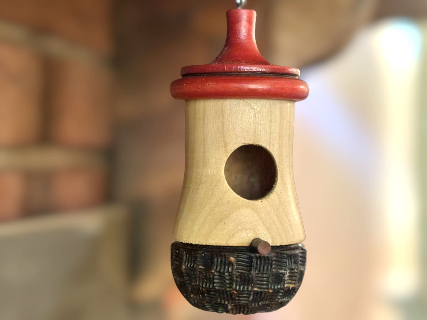 Handmade Cherry Wood Hummingbird House: Wood-Burned Ikebana Art