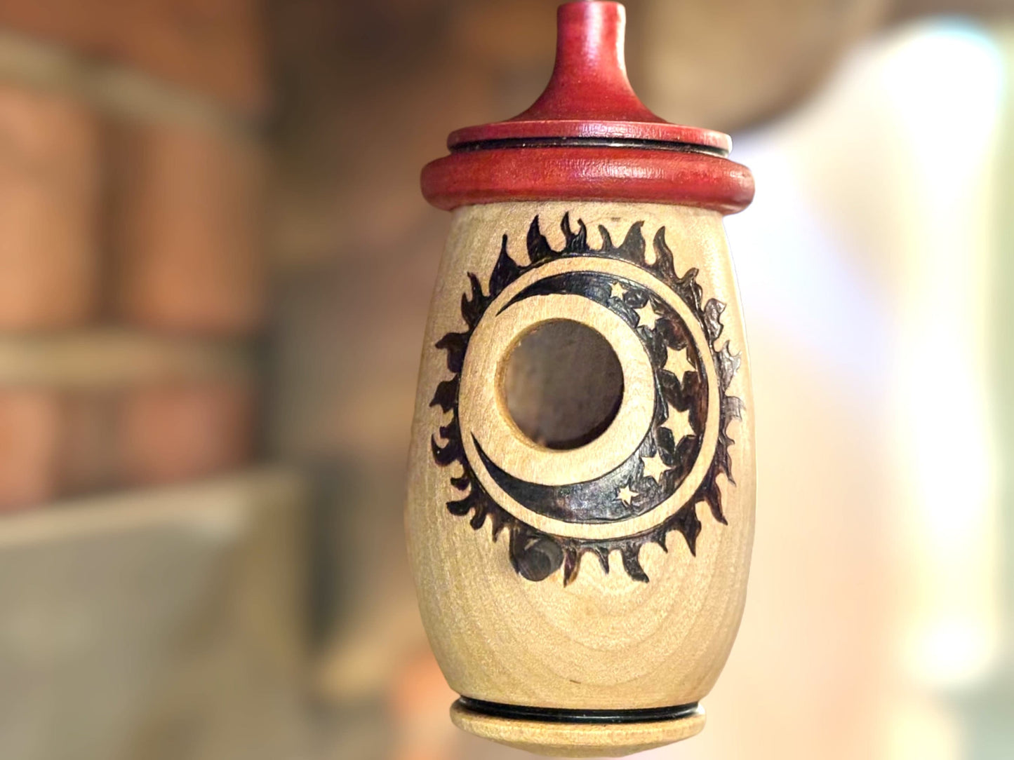 Handmade Cherry Wood Hummingbird House: Sun Moon Stars Woodburning Art