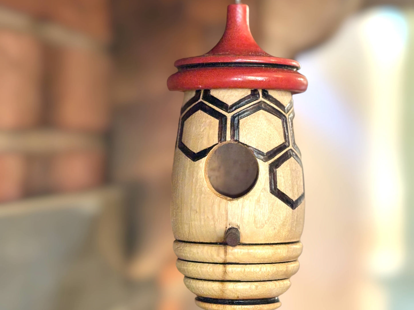 Handmade Cherry Wood Hummingbird House, Honeycomb Bee Art, Wood Burned