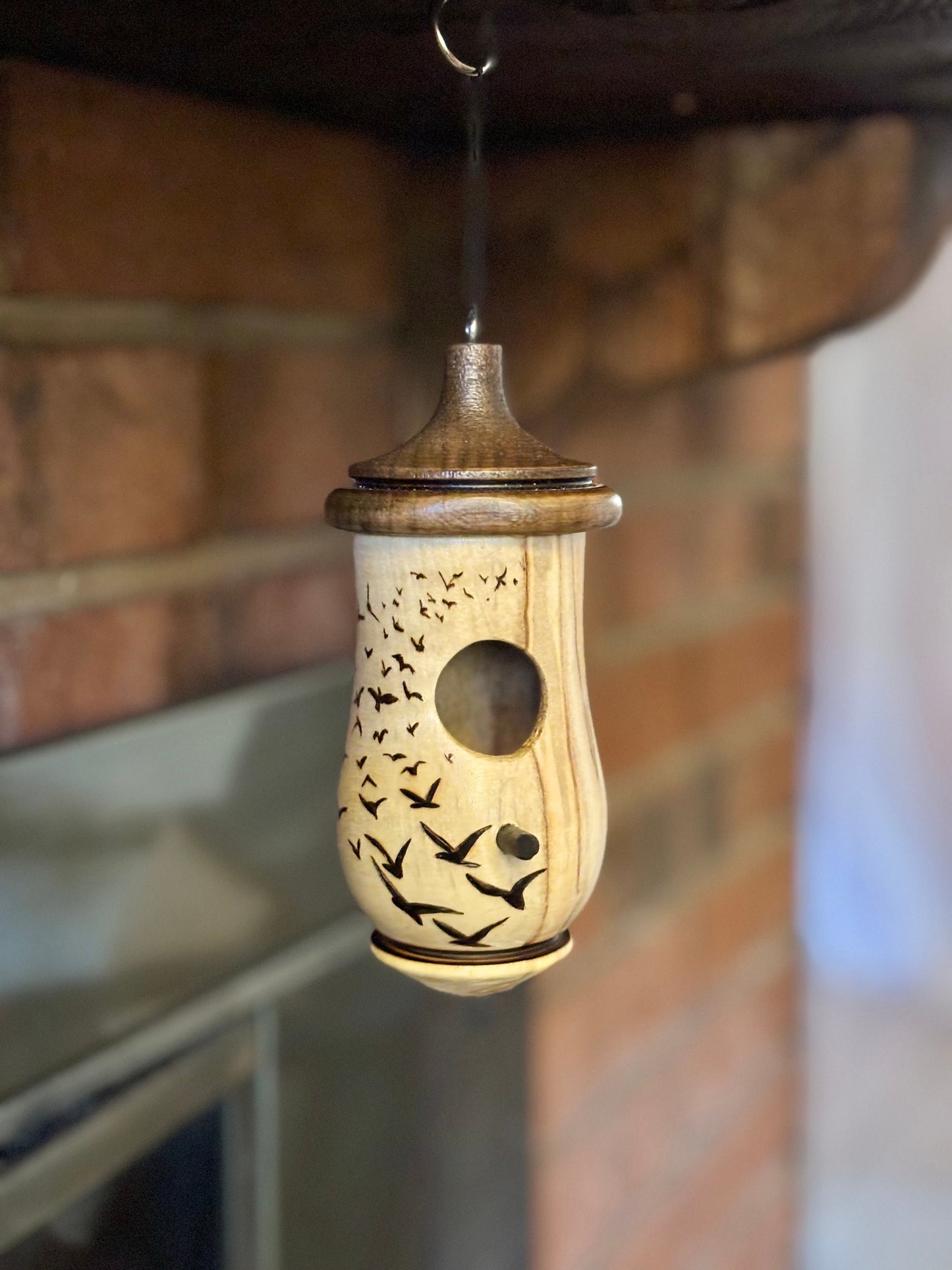 Handmade Cherry Wood Hummingbird House with Wood Burned Bird Art