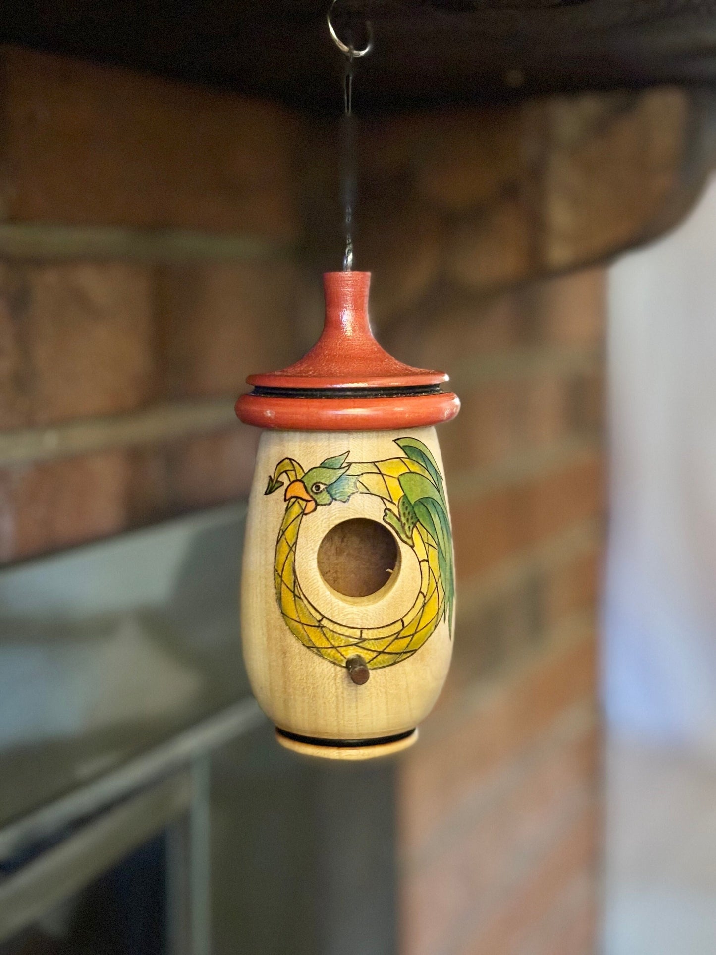 Handmade Cherry Wood Hummingbird Birdhouse: Dragon Ouroboros Art