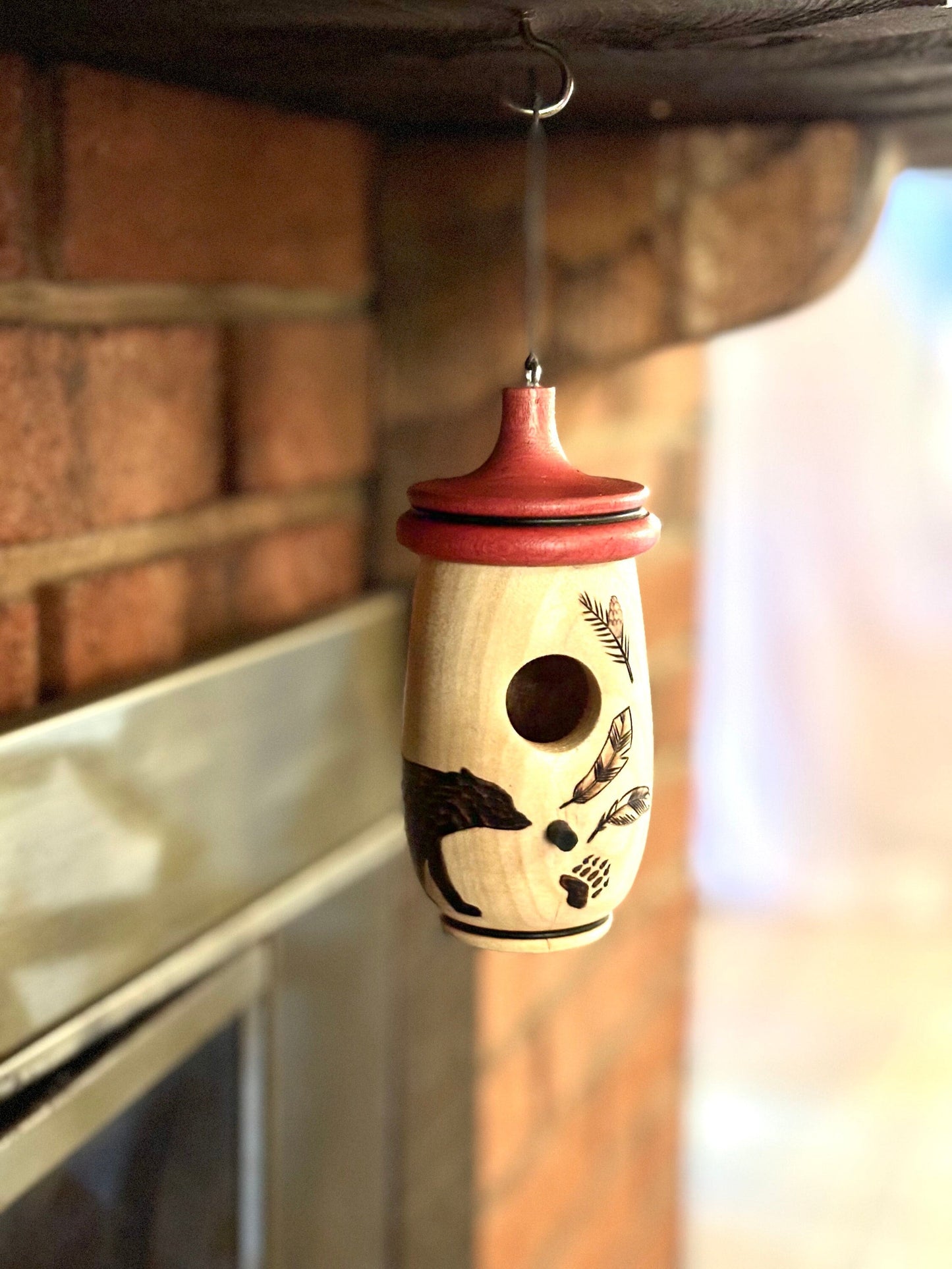 Hummingbird House, Handmade Wooden Birdhouse for Indoor/Outdoor Use, Bear Hug Art, Bird Lovers Gift, Christmas Gift for Rustic Cabin Life