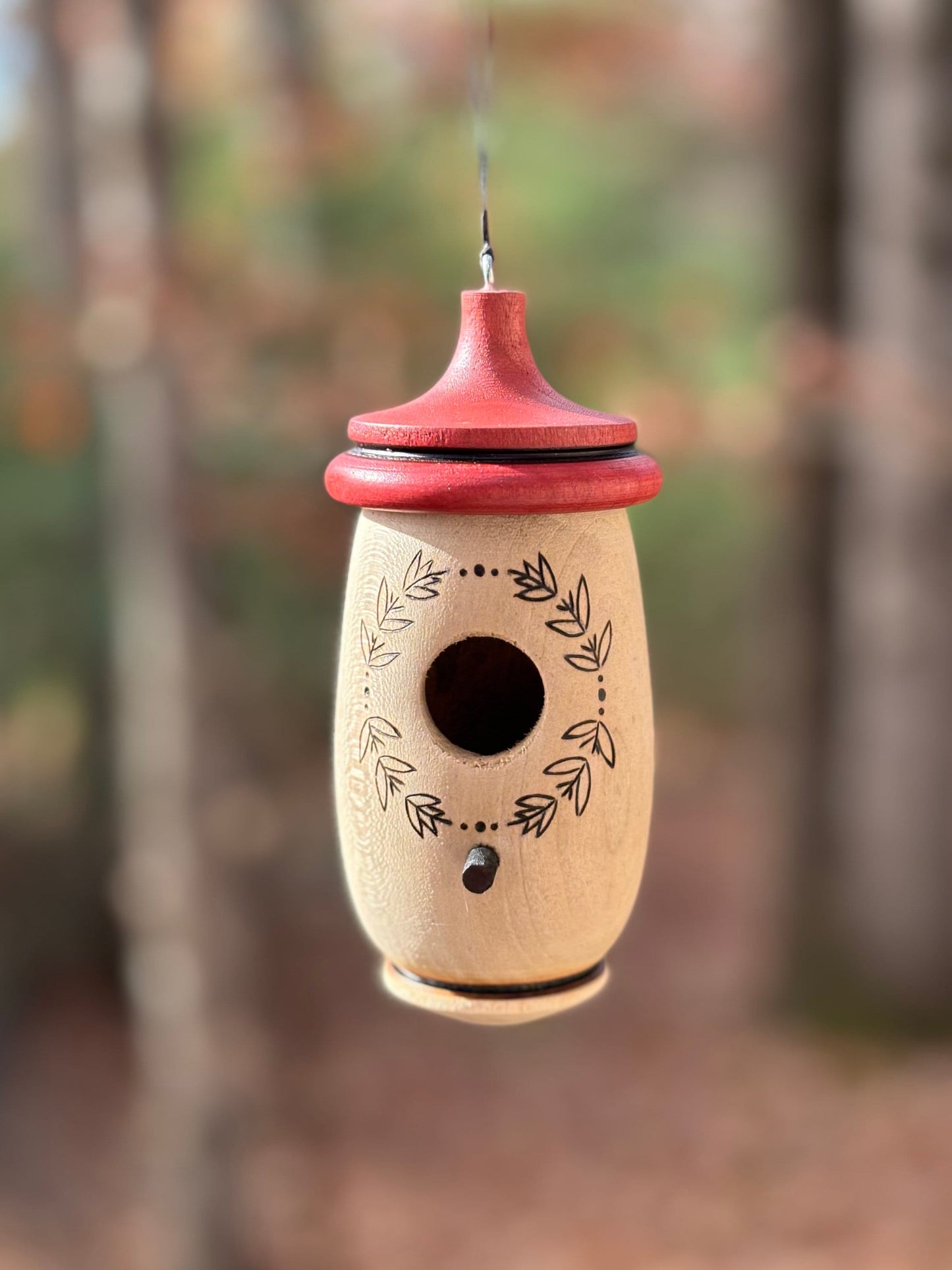 Handmade Wooden Hummingbird House with Laurel Wreath Art