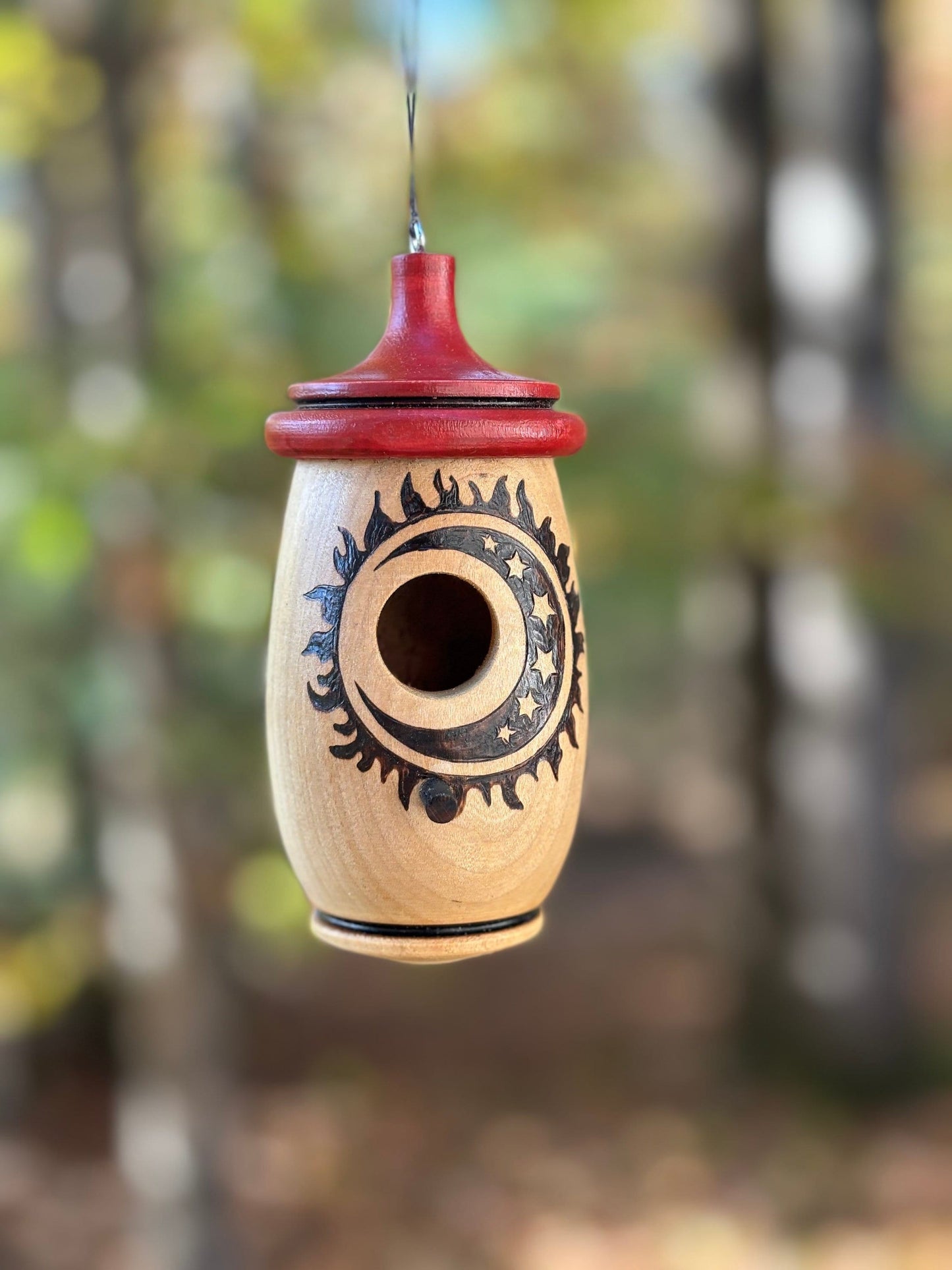 Handmade Cherry Wood Hummingbird House: Sun Moon Stars Woodburning Art