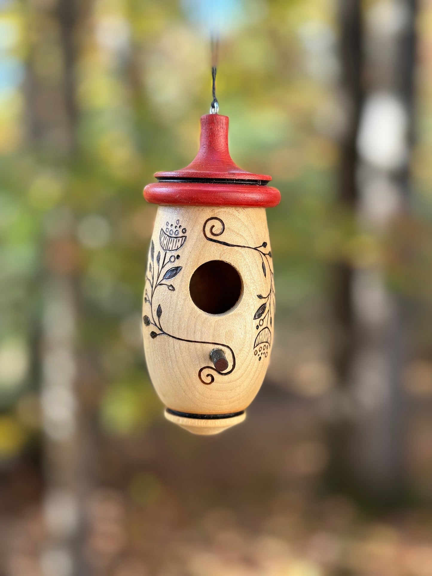 Handmade Cherry Wood Hummingbird House, Poppy Bud Art, Wood Burned