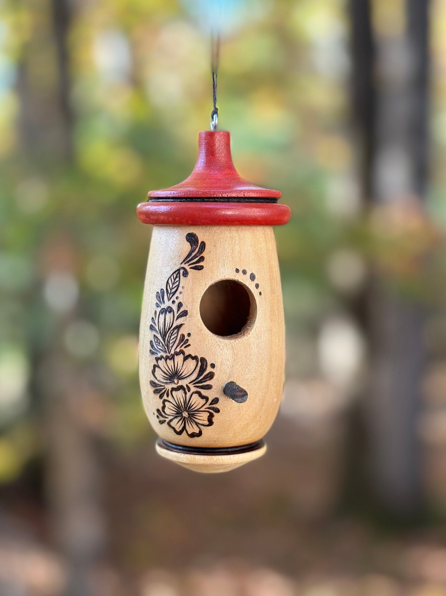 Handmade Hummingbird House, Aster Floral Pyrography, Wooden Birdhouse