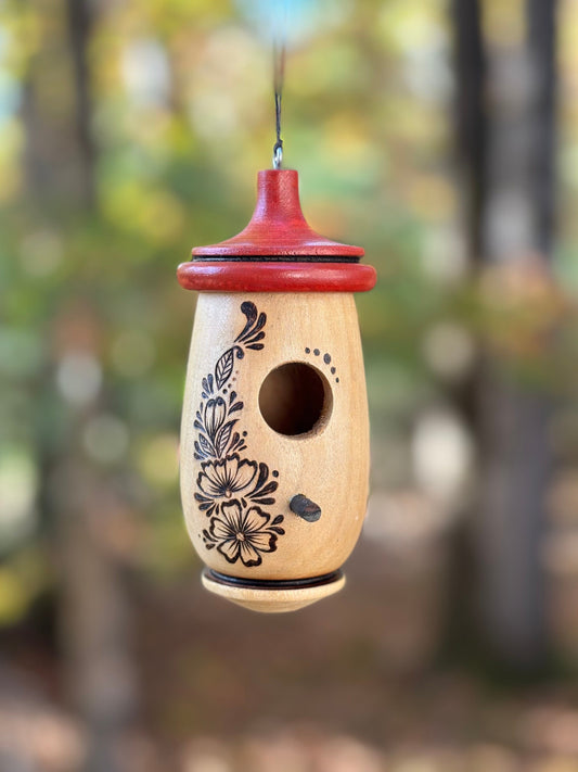 Handmade Hummingbird House, Aster Floral Pyrography, Wooden Birdhouse