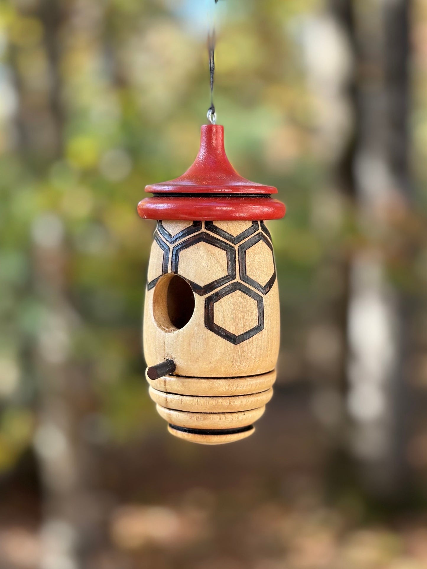Handmade Cherry Wood Hummingbird House, Honeycomb Bee Art, Wood Burned