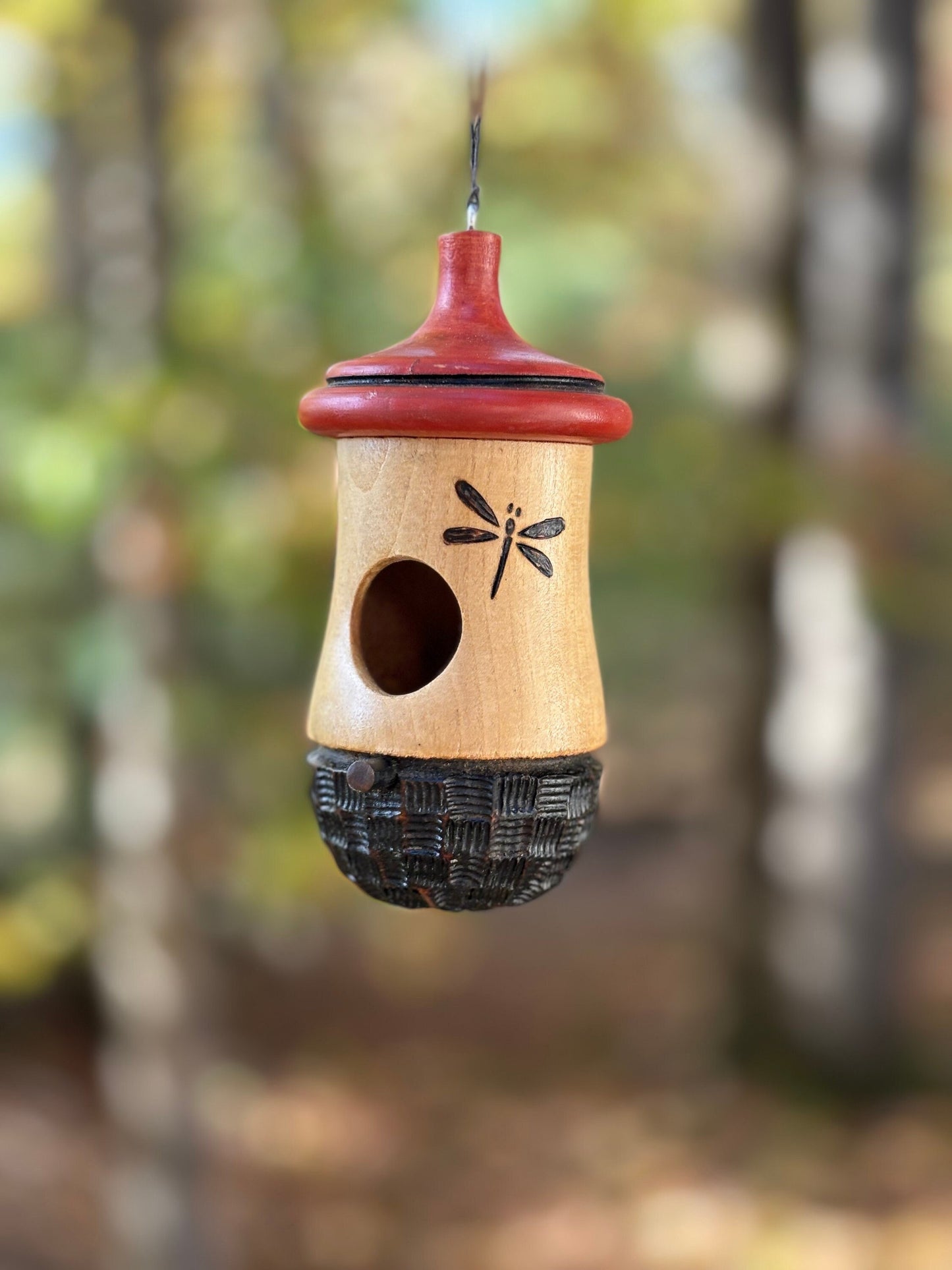 Handmade Cherry Wood Hummingbird House: Dragonfly Art