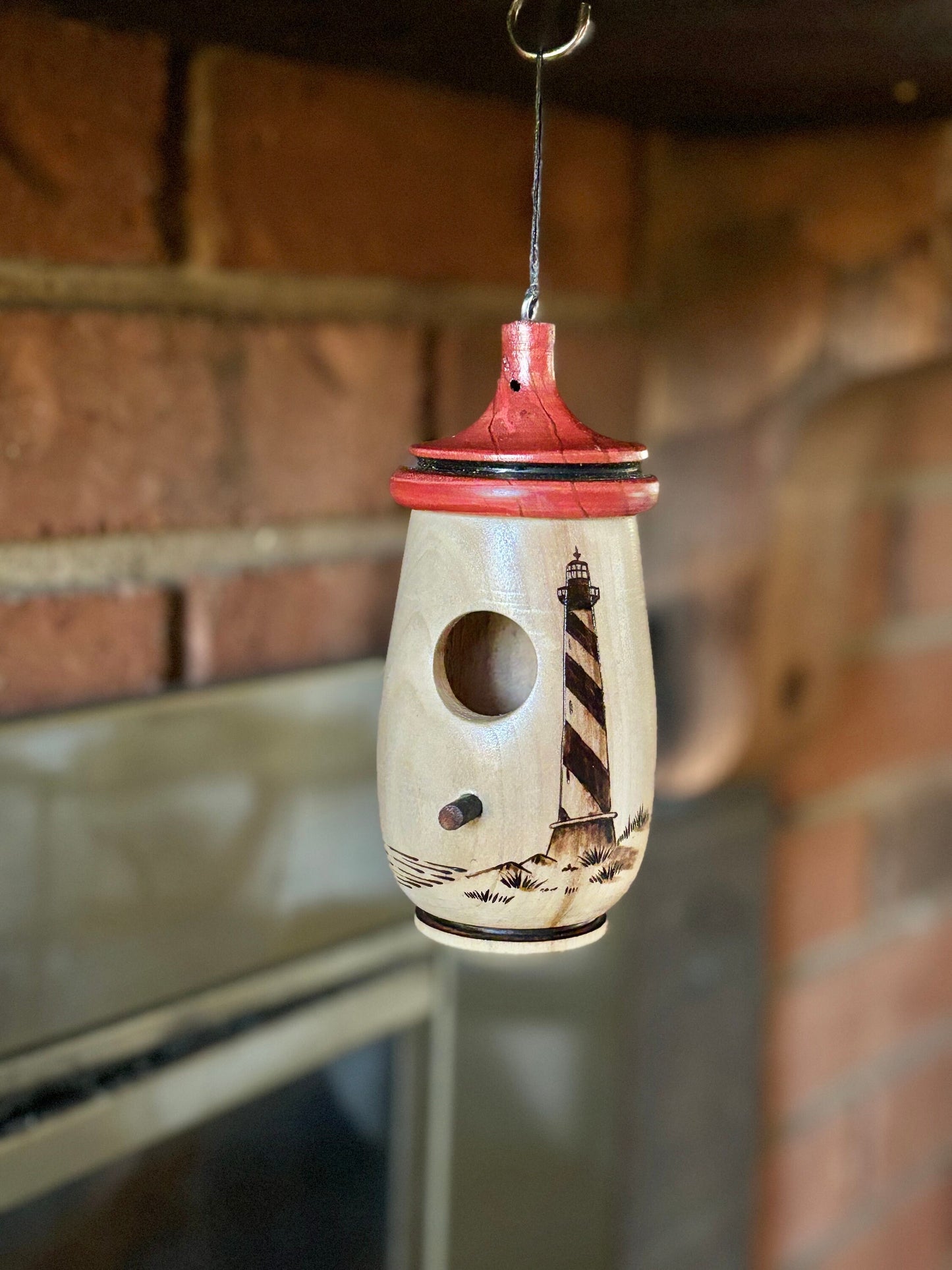 Handmade Cherry Wood Hummingbird House, Hatteras Lighthouse Design