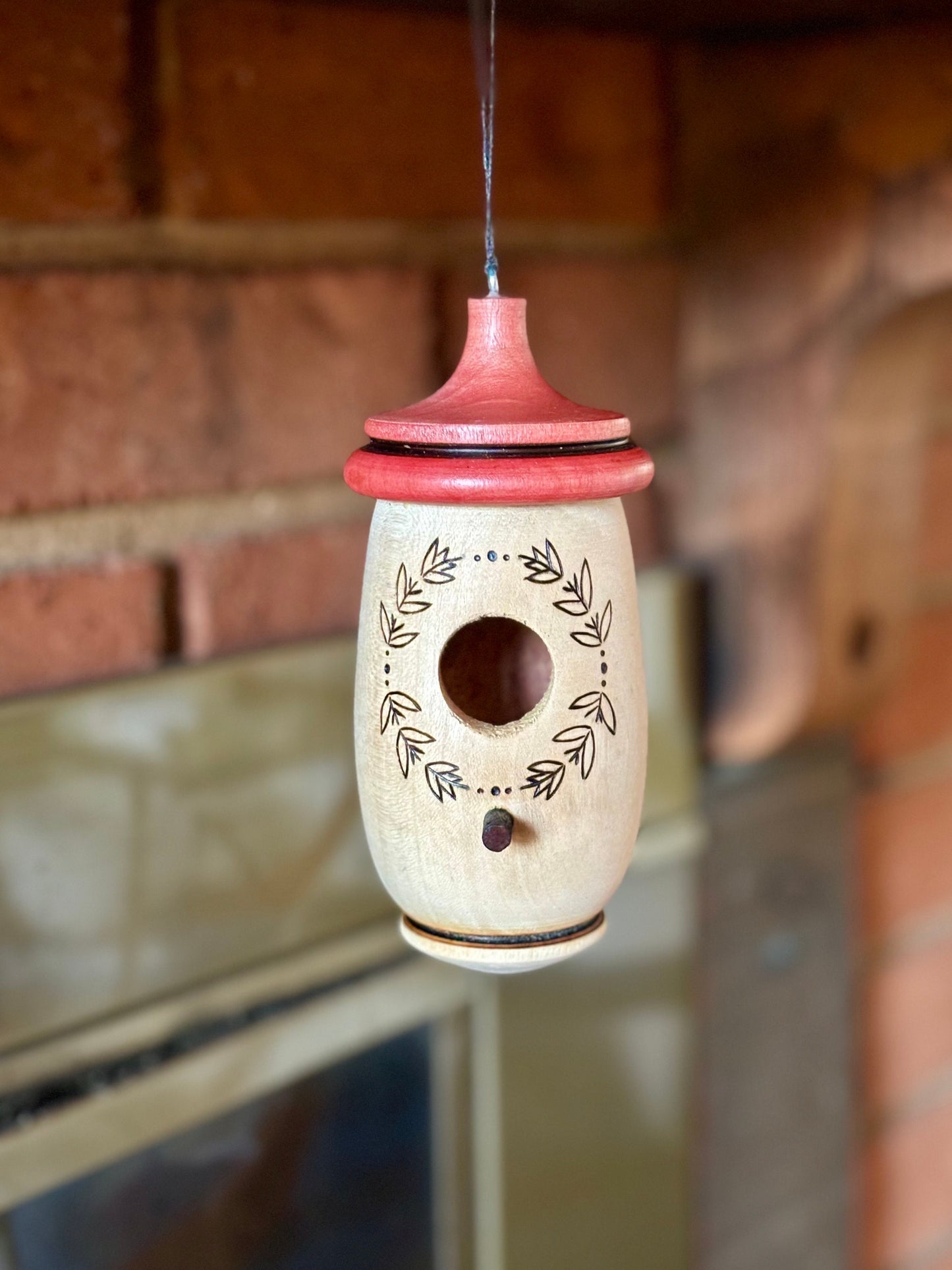 Handmade Wooden Hummingbird House with Laurel Wreath Art