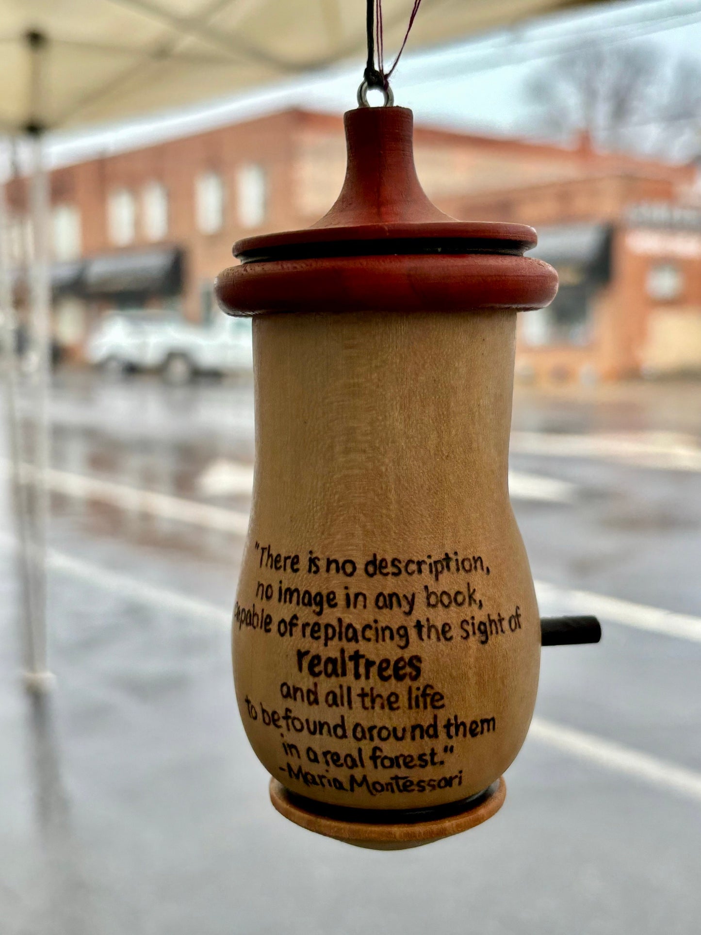 Handmade Wood Hummingbird House, Pyrography Tree Art, Montessori Quote