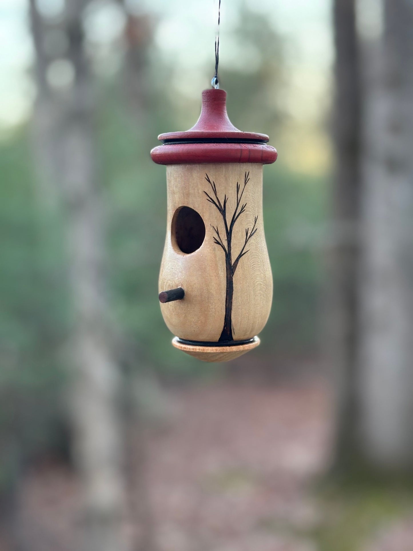Handmade Wood Hummingbird House, Pyrography Tree Art, Montessori Quote