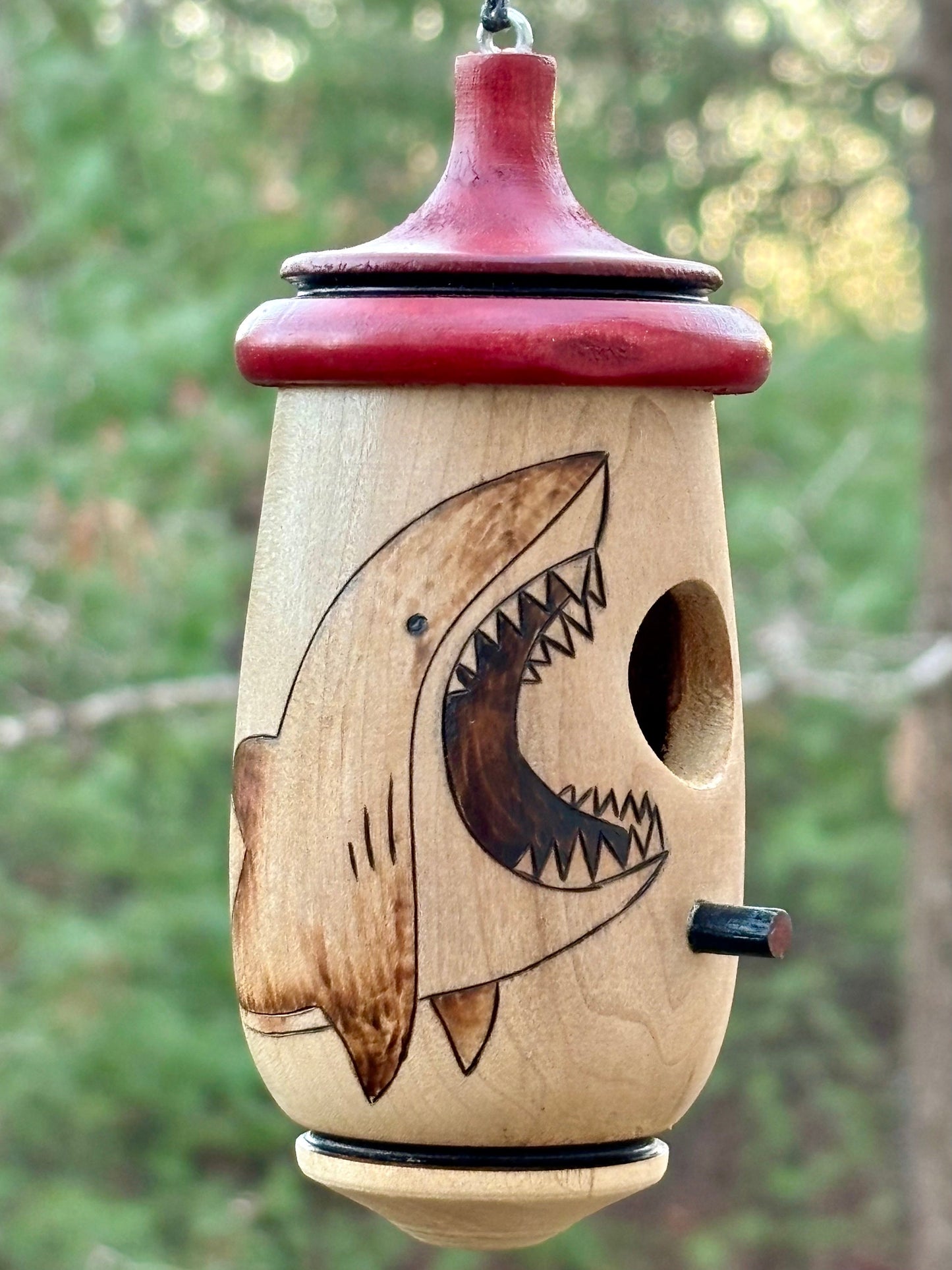Handmade Wood-Burned Shark Hummingbird House, Ocean Decor