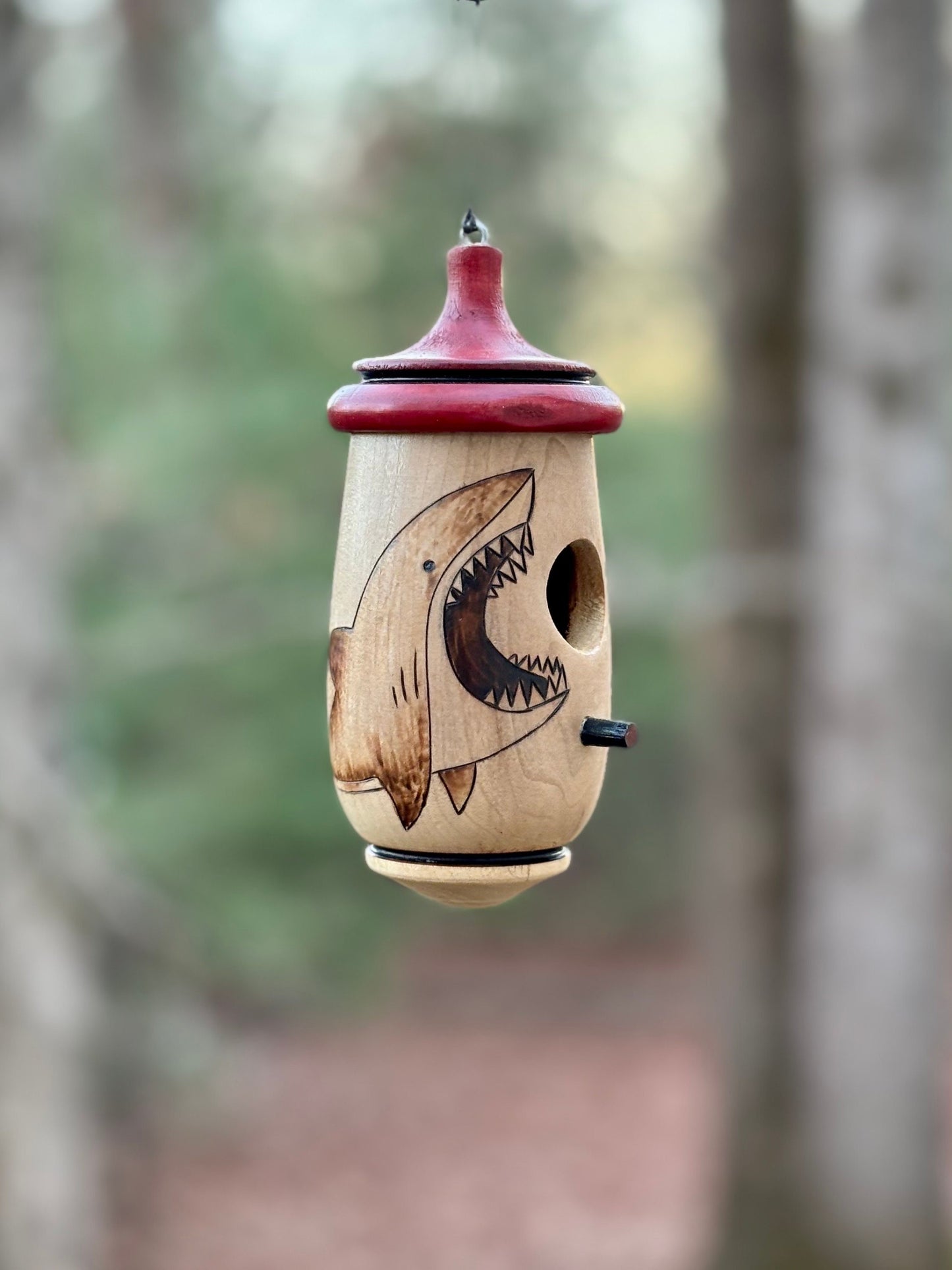 Handmade Wood-Burned Shark Hummingbird House, Ocean Decor