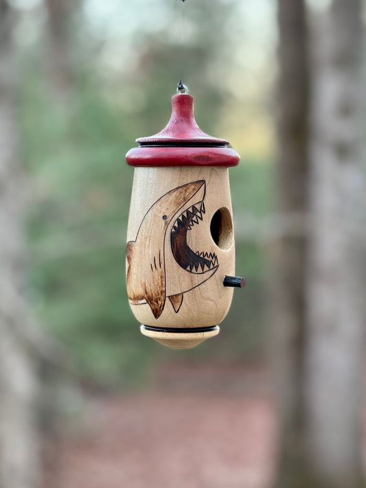 Handmade Wood-Burned Shark Hummingbird House, Ocean Decor