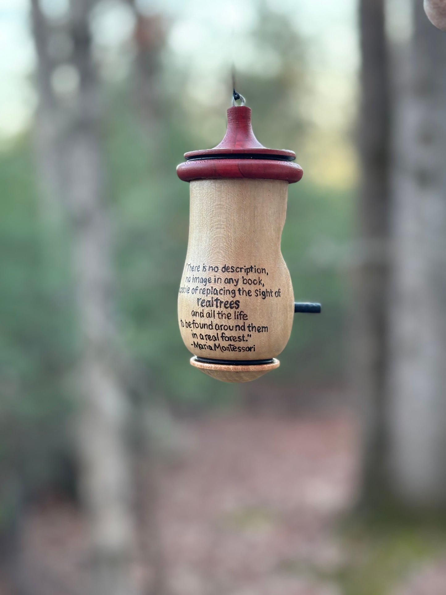Handmade Wood Hummingbird House, Pyrography Tree Art, Montessori Quote