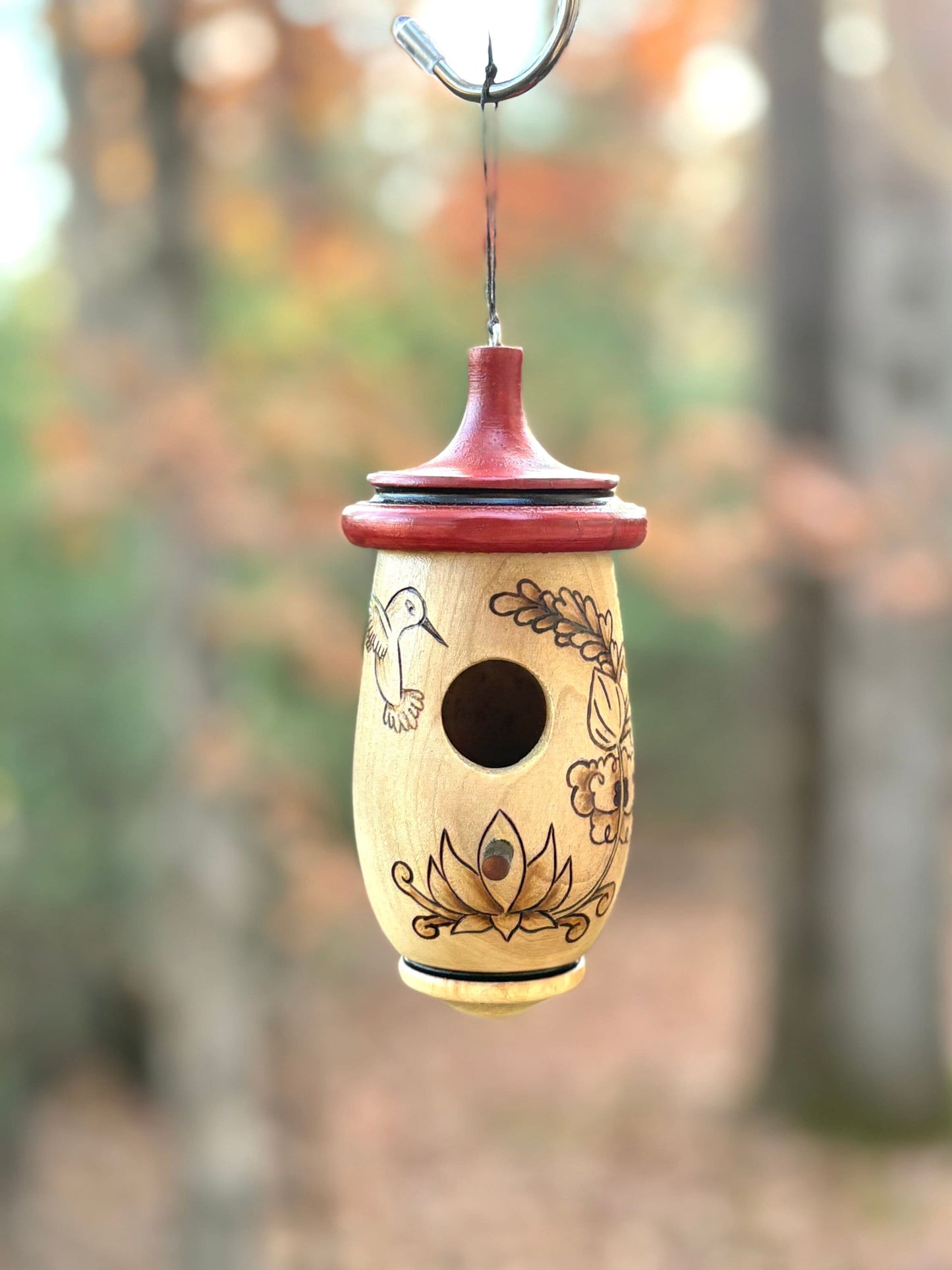 Handmade Cherry Wood Hummingbird House, Lotus Art Decor