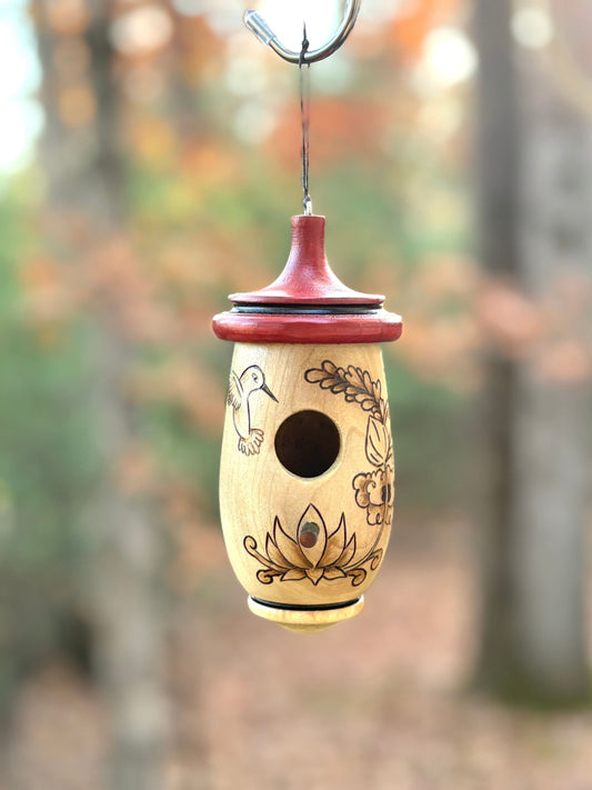 Handmade Cherry Wood Hummingbird House, Lotus Art Decor