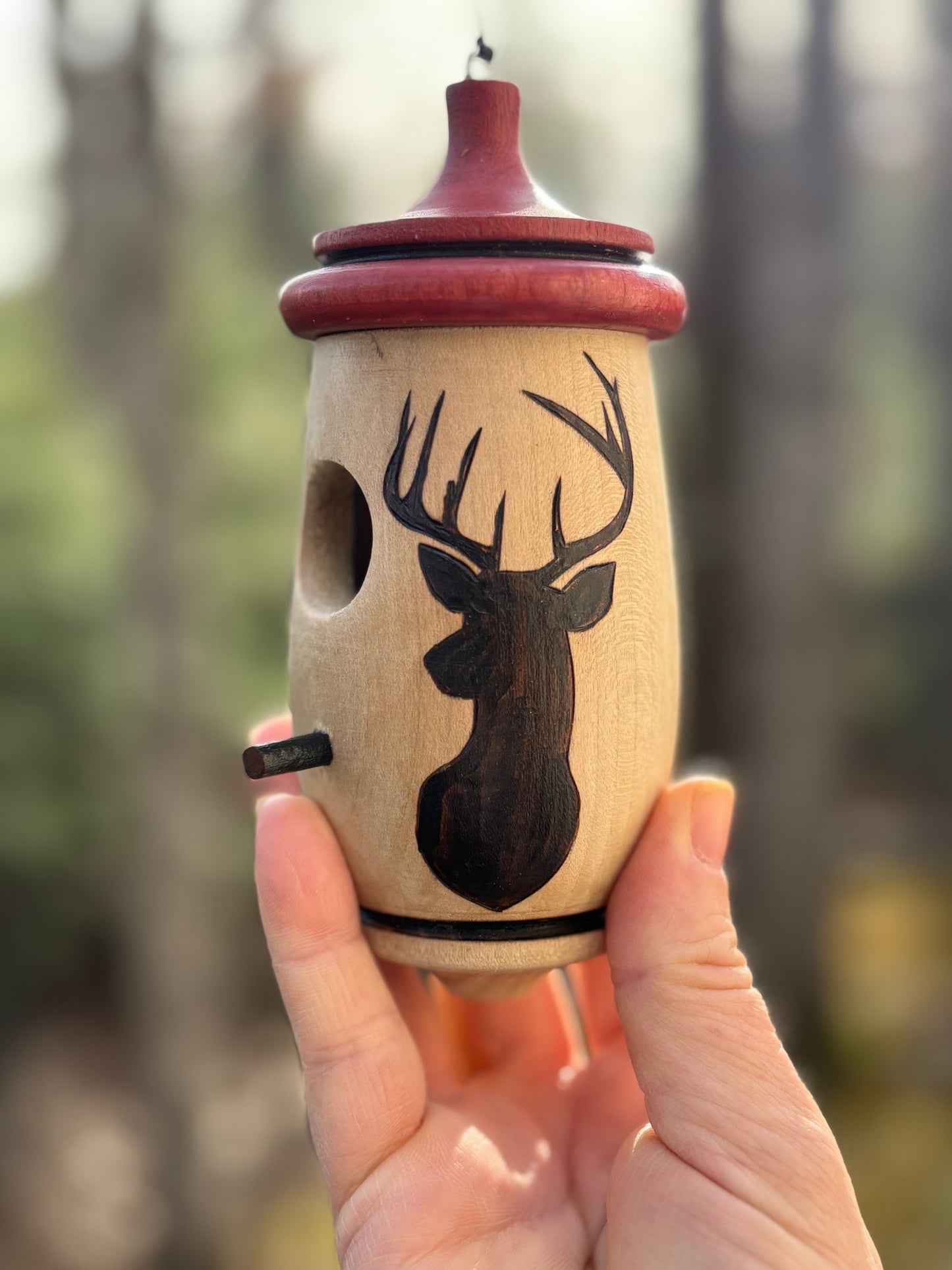 Handmade Cherry Wood Hummingbird House, Deer Silhouette Art