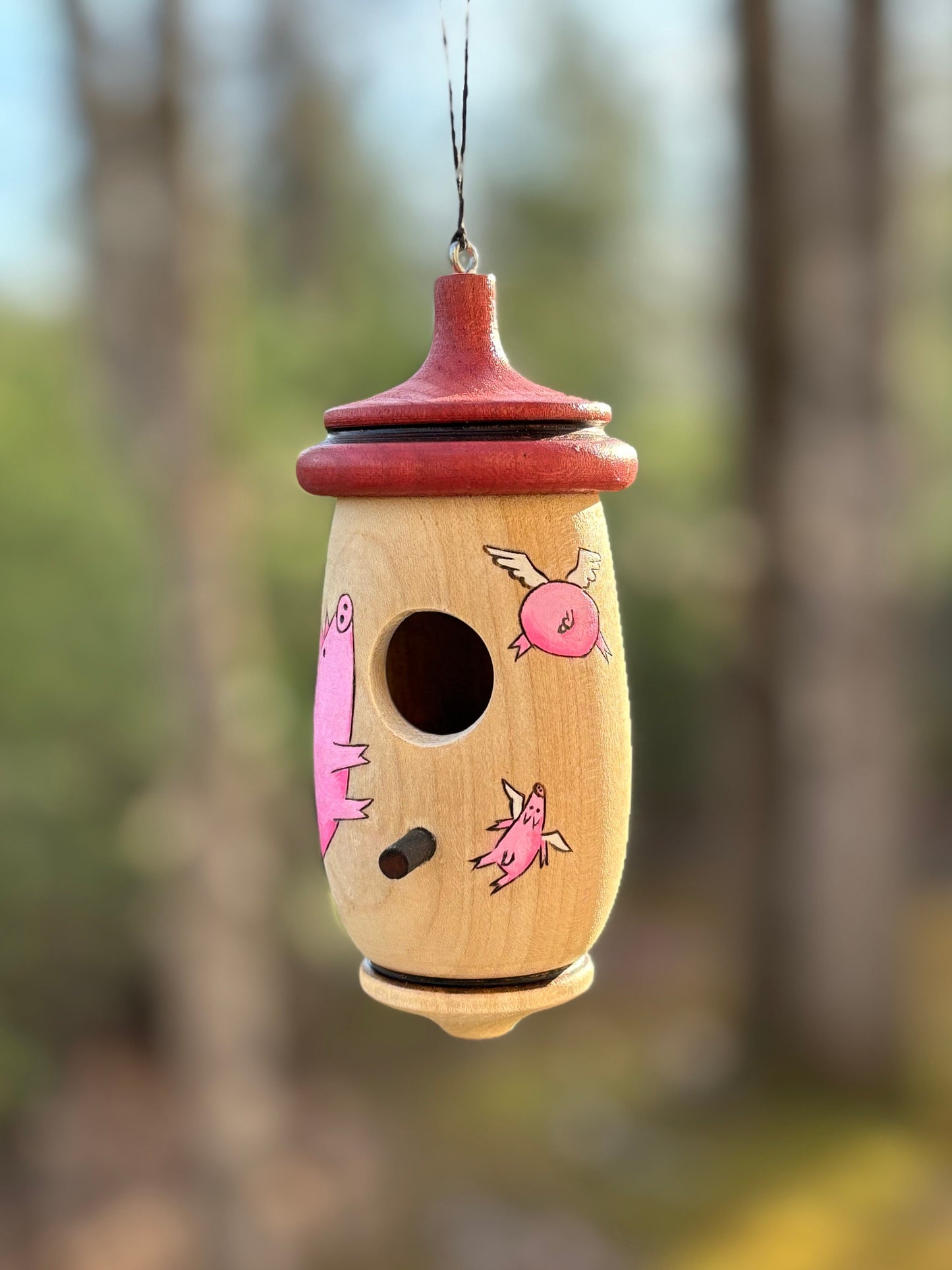 Handmade Cherry Wood Hummingbird House: Flying Pig Art