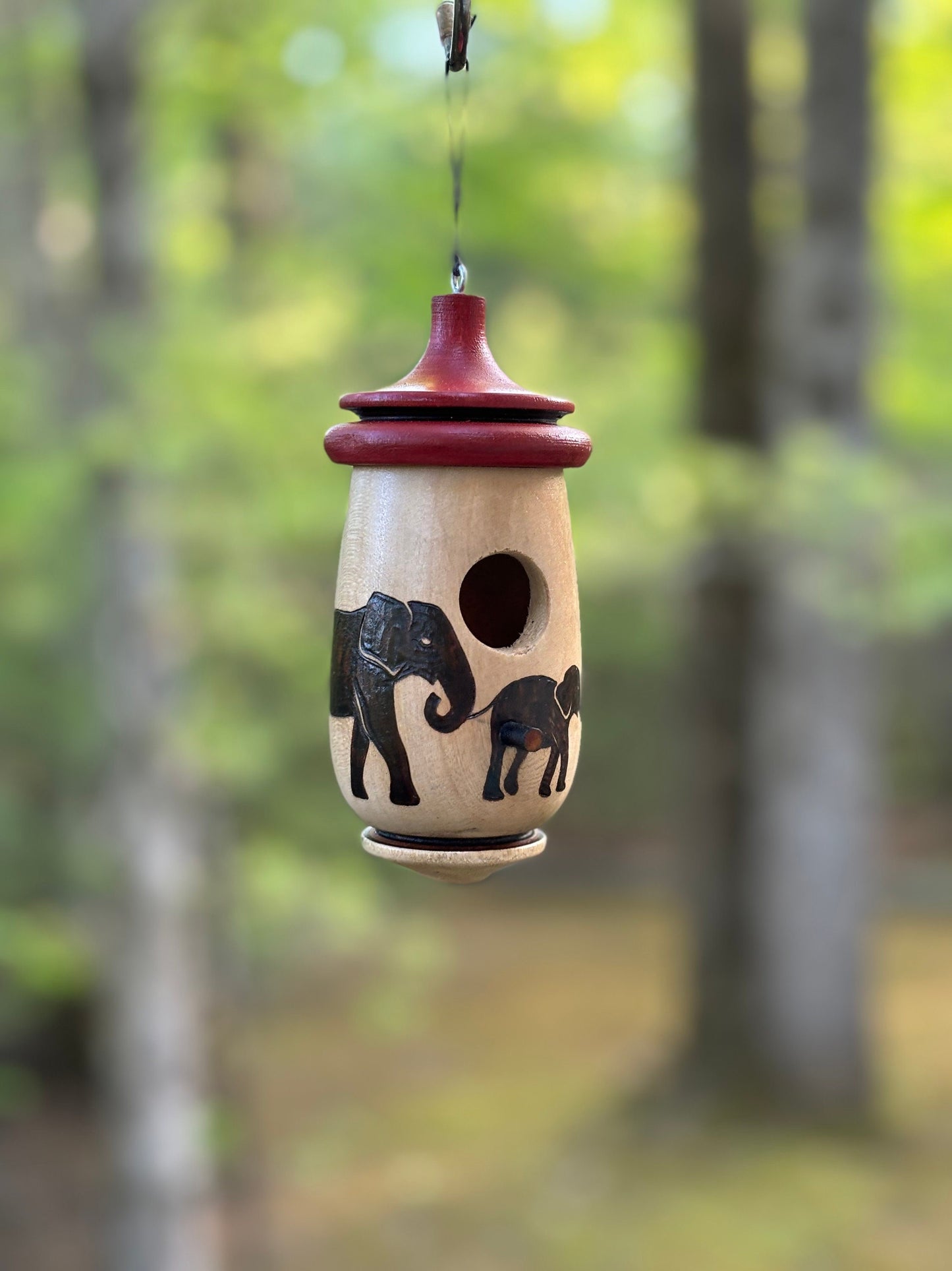Handmade Cherry Wood Hummingbird House, Elephant Design