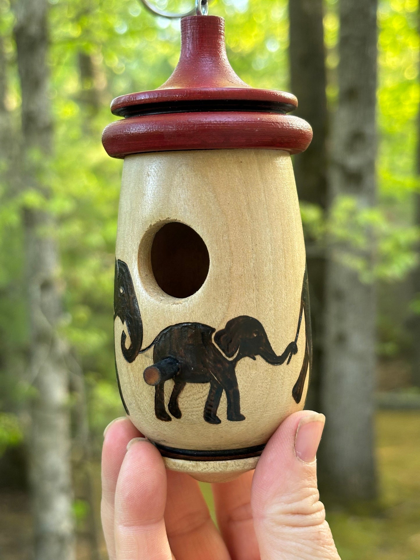 Handmade Cherry Wood Hummingbird House, Elephant Design